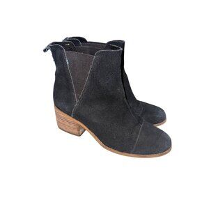 Toms Womens Black Suede Ankle Boots Size 8.5 Chunky Wooden Heel Boho Western